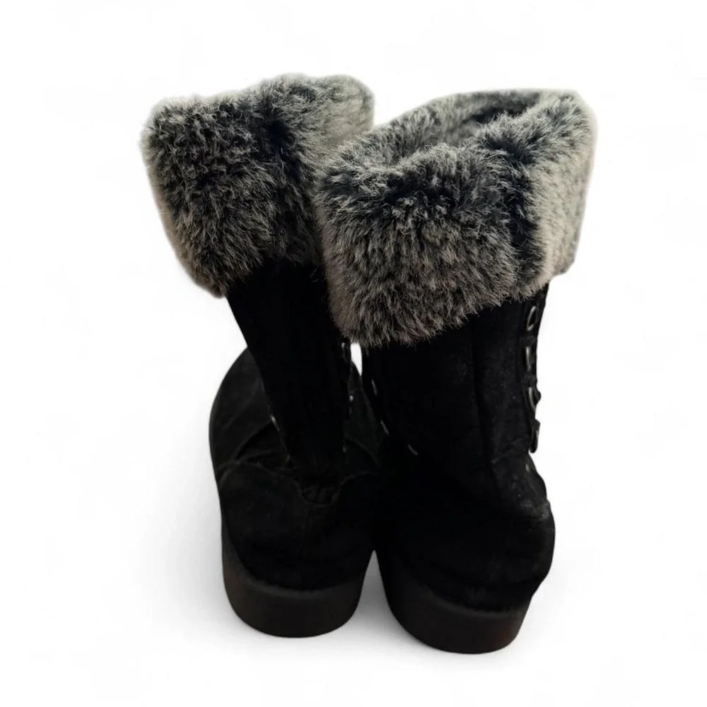 Rampage Womens Black Faux Suede Mid Calf Winter Boots Gray Faux Fur Trim Size 8
